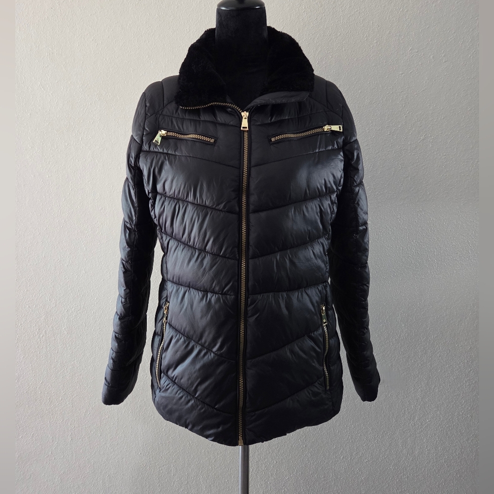 Lauren Ralph Lauren Black Puffer Jacket Faux Fur Hidden Hood Gold Detail Sz L